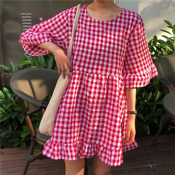 即納あり ワンピース トップス 膝丈 五分袖 チェック柄 ピンク レディース ファッション 大きいサイズ 青文字系 古着系 古着ミックス Y2a073 韓国系ダンスウェアdecorative 通販 Yahoo ショッピング