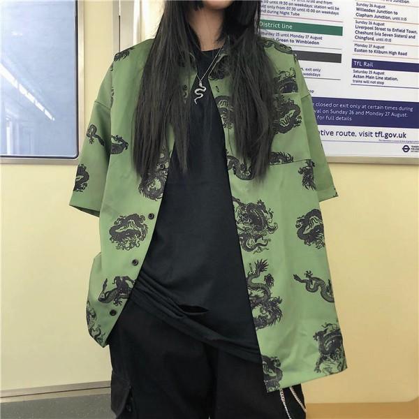 ワークシャツ 五分袖 龍柄 オーバーシルエット グリーン レディース ファッション Y3a3 原宿系ダンスウェアdecorative 通販 Yahoo ショッピング