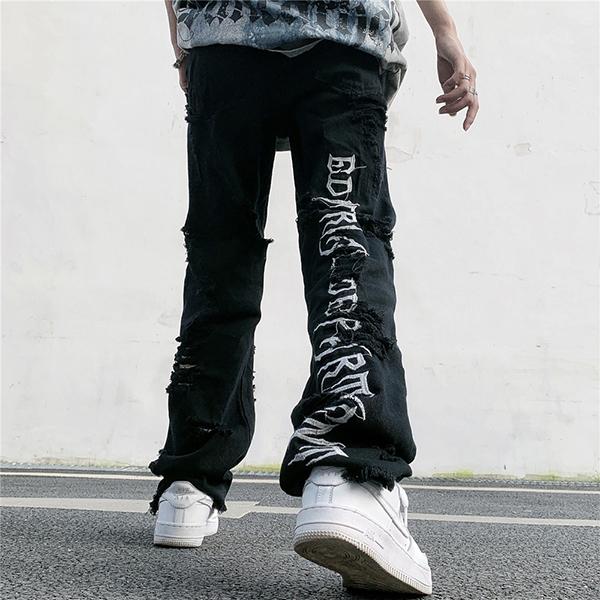 ブラック ダメージ デニム レター 刺繍 ストレート パンツ ルーズ ハイ