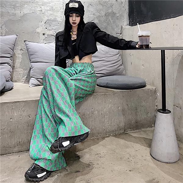 グリーン チェック柄 ワイドレッグ カジュアル パンツ ルーズ ハイウエスト ストレート 韓国系 ストリート系 ストリートファッション Y4a143 韓国系ダンスウェアdecorative 通販 Yahoo ショッピング