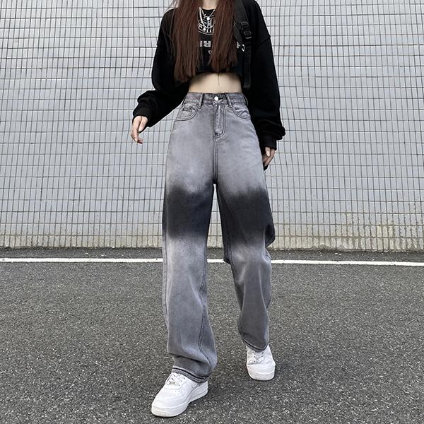 ストレートパンツ ジーンズ シンプル ストリート 韓国 サイドスリット ストラップ デニム ハイウエスト ストレート