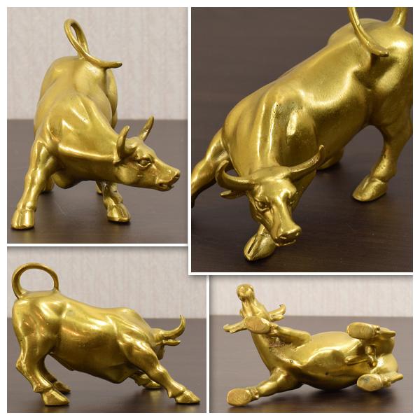 真鍮製 雄牛 置物 ゴールドカラー ゴールドブラス ブル 黄金色に輝く銅製の雄牛 真鍮置物 銅器 銅製