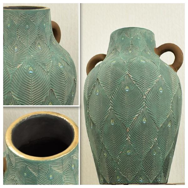 青色と赤色の孔雀模様花瓶 Peacock ピーコック 立体的な孔雀の羽模様の花瓶 フラワーベース 花器