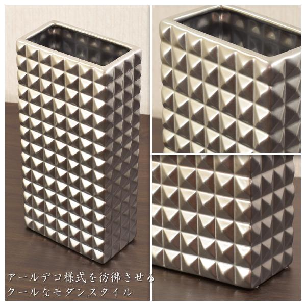 ブロックチェック シルバーフラワーベース 陶器花瓶 花器 銀 卓上 室内