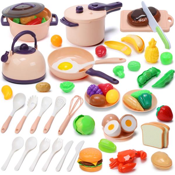 【爆買】【豪華な51点セット】このセットには野菜、果物、カニ、ステーキ、食パン、キッチン用具など51点があります。包丁で切る、皮をむく、焼く、煮る…まるで調理師になったように、お子様の想像力が広がるごっこ遊びが楽しめます。【本物そっくりの質...