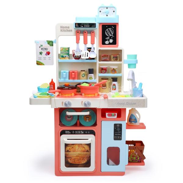 【爆買】【豪華な64点セット】大きな台所本体、野菜、果物、調味料、キッチン用具、調理器具などバリエーション豊な64点セットで、お子様一人でも 、お友達や家族と一緒に楽しく遊びます。【リアルな料理雰囲気】リアルな噴霧、光り、煮音が付いており、...