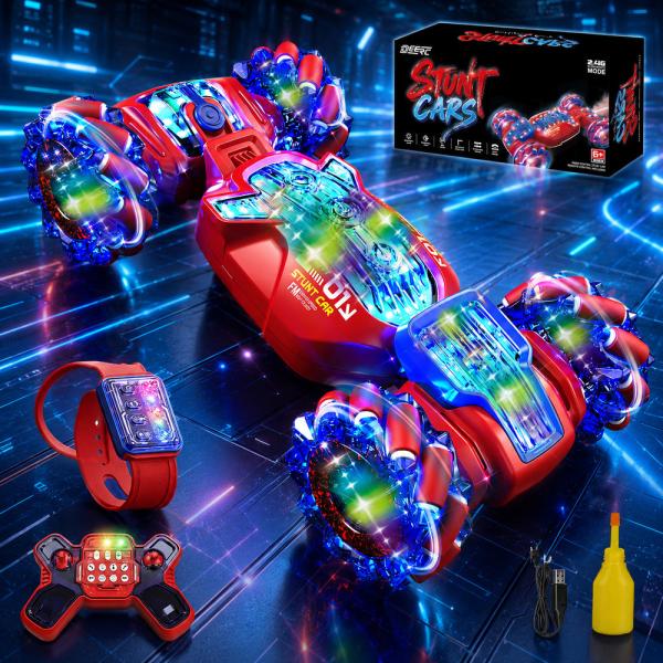 DEERC ラジコンカー 子供向け スタントカー 両面走行 ジェスチャー制御 4WD オフロード 幻彩LED 360°回転 プログラミング 操作時間60分 音楽搭載 2.4GHz