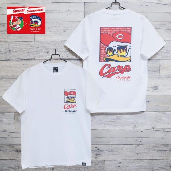 送料無料 メンズ 広島 東洋 カープ 半袖 Tシャツ ティーシャツ CARP コラボ ダック デュード バックプリント ユニセックス 野球観戦 応援 白 ホワイト