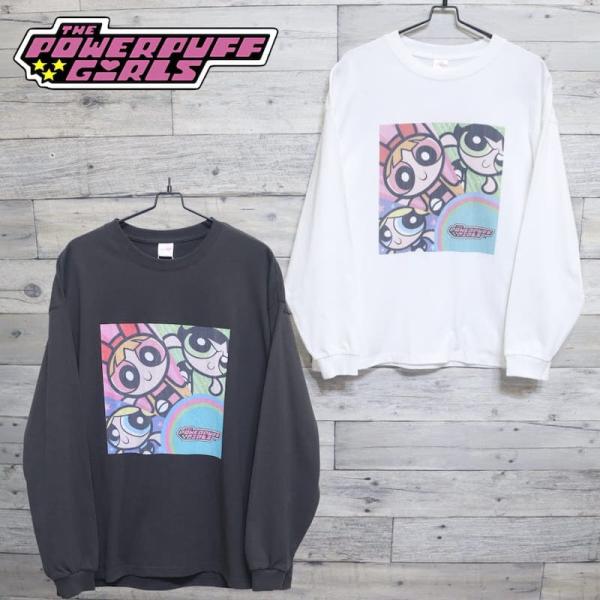 長袖 Tシャツ ティーシャツ ロンT グッズ パワーパフガールズ POWERPUFF GIRLS プリント ロゴ レディース メンズ ユニセックス 白 ホワイト チャコール