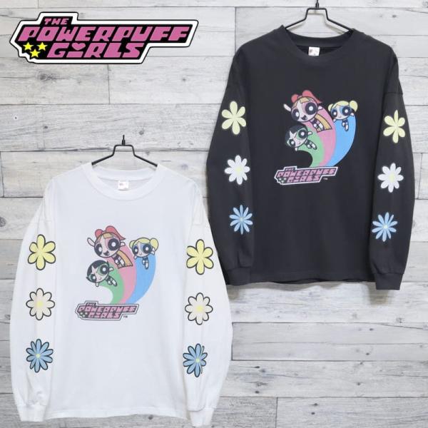 長袖 Tシャツ ティーシャツ ロンT グッズ パワーパフガールズ POWERPUFF GIRLS プリント ロゴ レディース メンズ ユニセックス 白 ホワイト チャコール