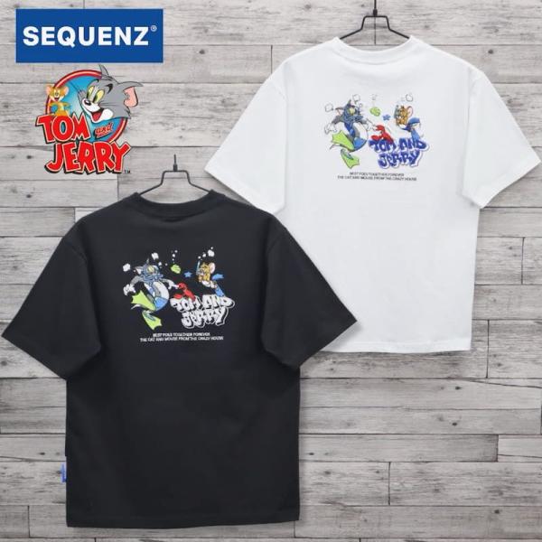 送料無料 メンズ トムとジェリー TOM&JERRY トムジェリ  シークエンズ コラボ 半袖 Tシャツ ティーシャツ 刺繍 レディース 白 ホワイト 黒 ブラック