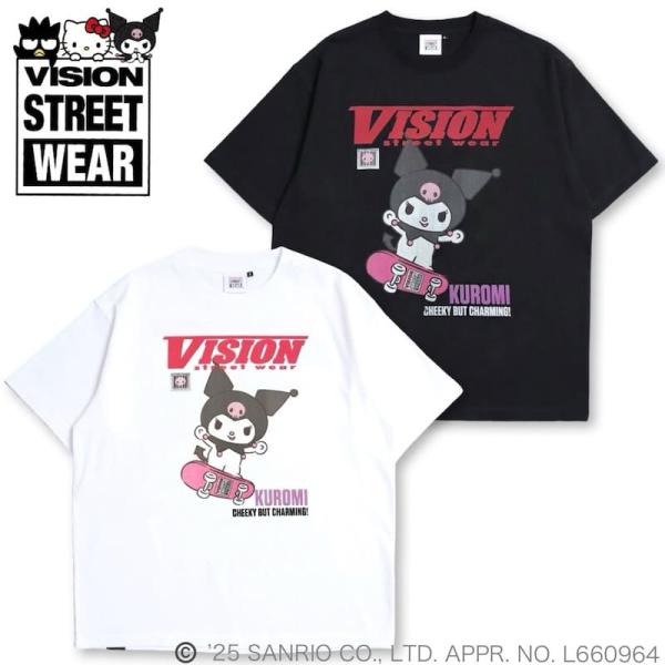 送料無料 ヴィジョン サンリオキャラクターズ コラボ 半袖 Tシャツ ティーシャツ クロミ ロゴ プリント メンズ レディース 白 ホワイト 黒 ブラック