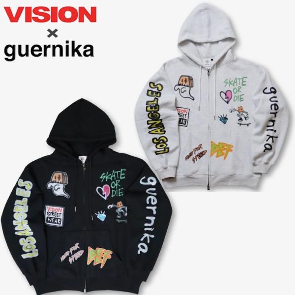 【送料無料】メンズ vision street wear ヴィジョン guernika ゲルニカ コラボ パーカー フーディー スウェット ジップアップ フルジップ 長袖 アノニマウス 総柄 イラスト プリント オーバーサイズ 裏起毛 ユニセックス レディース ライトグレー 黒 ブラック def-store_10002459
