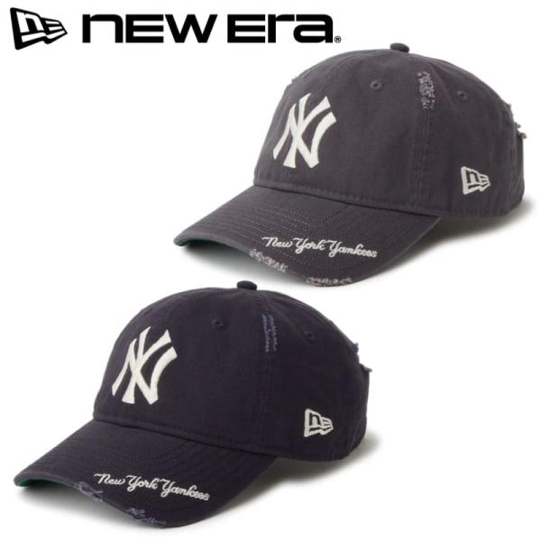 NEWERA ニューエラ 正規品 キャップ ニューヨーク ヤンキース NY MLB CAP 帽子 9TWENTY バイザーロゴ 刺繍 ダメージ加工 グレー グラファイト 紺 ネイビー M/L