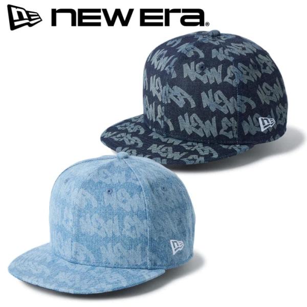 NEWERA ニューエラ 正規品 キャップ CAP 帽子 9FIFTY デニム 総柄 ロゴ ストレートキャップ フラットバイザー 青 ブルー M/L 14744821 14744820