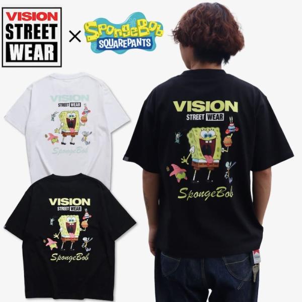 送料無料 メンズ 半袖 Tシャツ 半袖Tシャツ ティーシャツ VISION  ヴィジョン スポンジボブ コラボ キャラクター グッズ  レディース 白 ホワイト 黒 ブラック