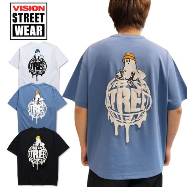 送料無料 メンズ VISION ヴィジョン 半袖 Tシャツ 半袖Tシャツ ティーシャツ ゴースト サークルロゴ プリント キャラクター 白 ホワイト ブルー 黒 ブラック
