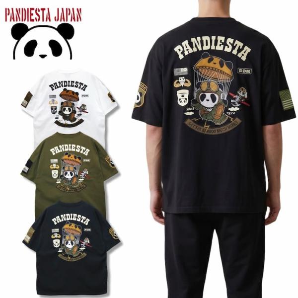 送料無料 メンズ PANDIESTA パンディエスタ 半袖 Tシャツ 半袖Tシャツ ティーシャツ パラシュート パンダ   刺繍 プリント ホワイト カーキ グリーン ブラック