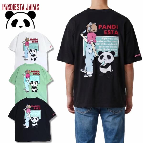 送料無料 メンズ PANDIESTA パンディエスタ 半袖 Tシャツ 半袖Tシャツ ティーシャツ 女の子 ガール パンダ 刺繍 プリント ユホワイト ミント グリーン ブラック