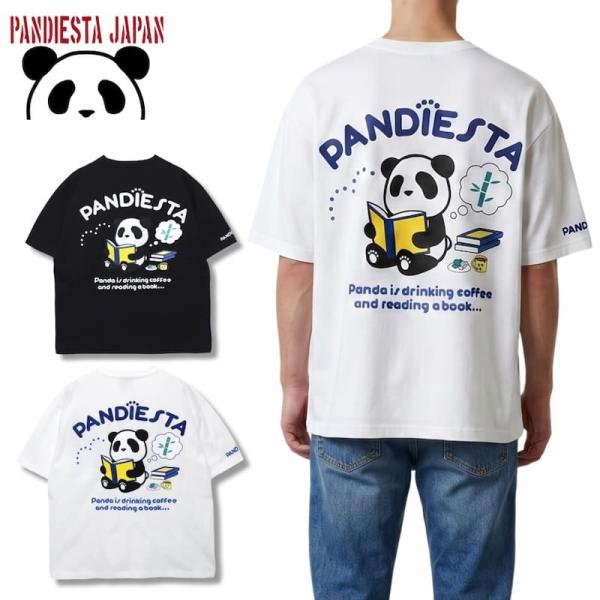 送料無料 メンズ PANDIESTA パンディエスタ 半袖 Tシャツ 半袖Tシャツ ティーシャツ 読書 パンダ キャラクター 刺繍 プリント 白 ホワイト 黒 ブラック