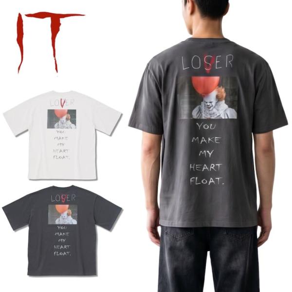 送料無料 メンズ IT イット 半袖 Tシャツ 半袖Tシャツ ティーシャツ ロゴ プリント ペニーワイズ ピエロ ホラー 古着風 レディース ライトグレー スミクロ