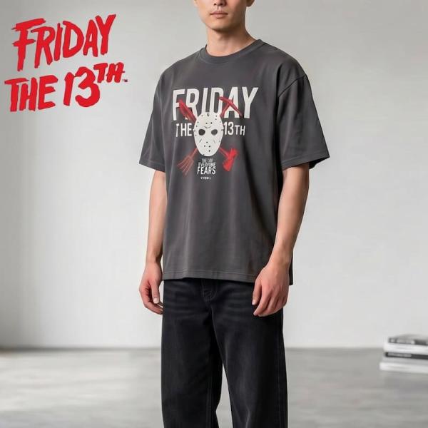 送料無料 メンズ 13日の金曜日 Friday the 13th 半袖 Tシャツ 半袖Tシャツ ティーシャツ ロゴ プリント ジェイソン ホラー 古着風  レディース スミクロ