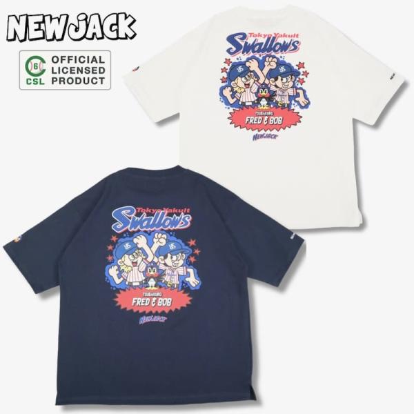 送料無料 メンズ レディース 東京 ヤクルトスワローズ 半袖 Tシャツ ティーシャツ プロ野球 つば九郎 ニュージャック コラボ 白 ホワイト 紺 ネイビー