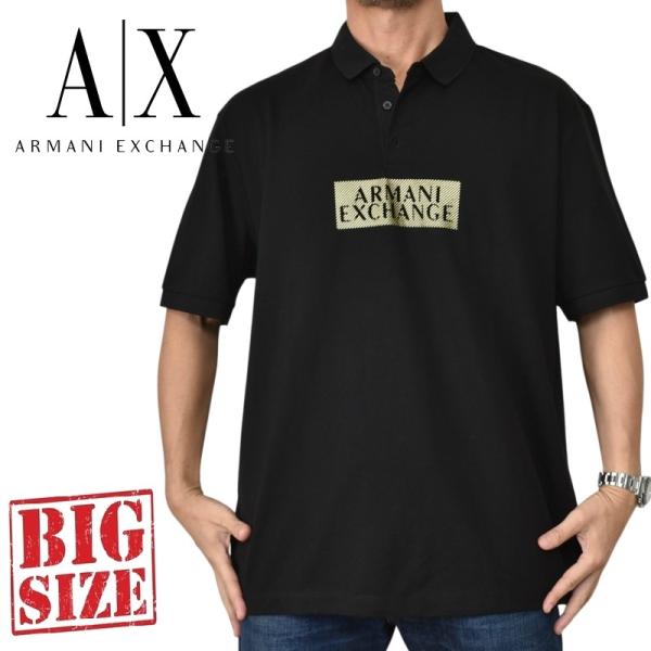 大きいサイズ メンズ A/X ARMANI EXCHANGE アルマーニエクスチェンジ 半袖ポロシャツ 鹿の子 ゴールド ボックスロゴ ブラック XXL