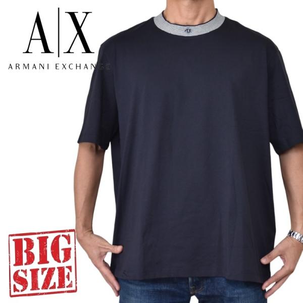 大きいサイズ メンズ アルマーニエクスチェンジ A/X ARMANI EXCHANGE クルーネック 半袖Ｔシャツ ストライプネック 襟ロゴ ダークネイビー REGULAR FIT + XXL