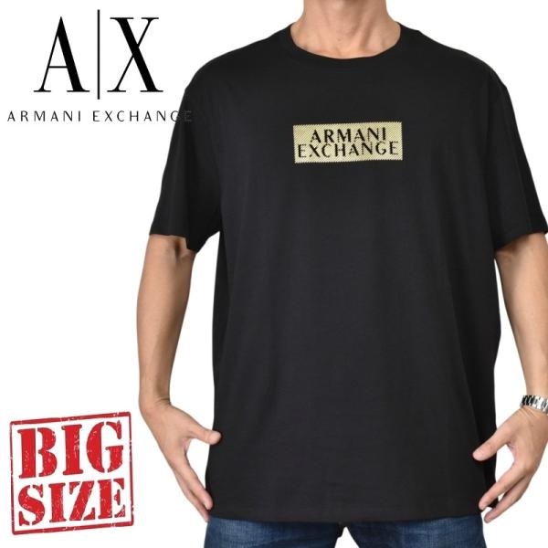 大きいサイズ メンズ アルマーニエクスチェンジ A/X ARMANI EXCHANGE クルーネック 半袖Ｔシャツ ゴールドボックスロゴ 黒 ブラック REGULAR FIT XXL