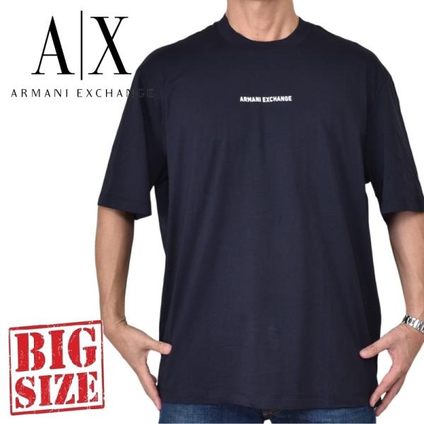 大きいサイズ メンズ アルマーニエクスチェンジ A/X ARMANI EXCHANGE クルーネック 半袖Ｔシャツ ダブルロゴプリント ダークネイビー REGULAR FIT XXL