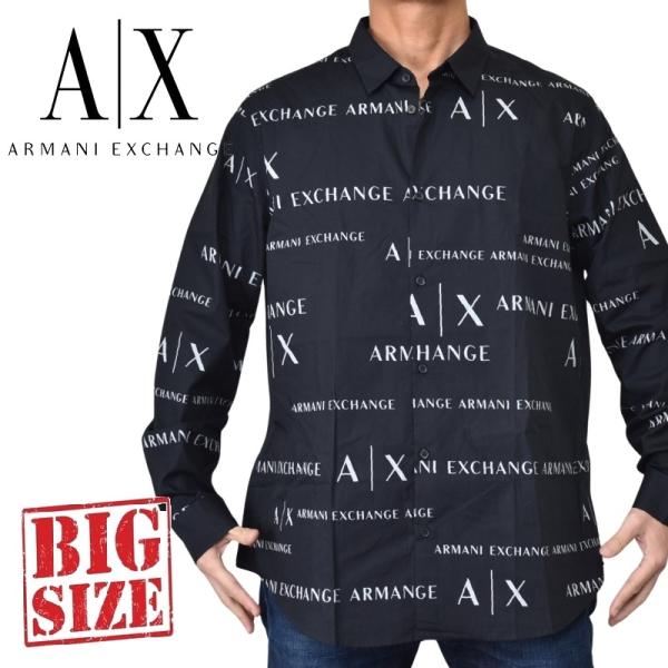 大きいサイズ メンズ アルマーニエクスチェンジ A/X ARMANI EXCHANGE 総柄 デザイン カジュアル 長袖シャツ オールオーバー ロゴプリント ブラック REGULAR XXL