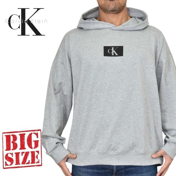 SALE 大きいサイズ メンズ CK カルバンクライン Calvin Klein パーカー フーディー プルオーバースウエット 薄手 ボックスロゴ グレー XXL