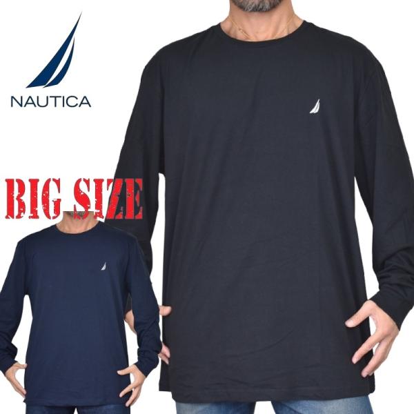 大きいサイズ メンズ NAUTICA ノーティカ ノーチカ 長袖 Tシャツ ロンT ワンポイント刺繍 クルーネック ブラック XL XXL XXXL