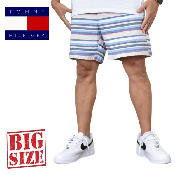 大きいサイズ メンズ トミーヒルフィガー TOMMY HILFIGER ボーダーストライプ柄 コットンツイル ショーツ ハーフパンツ ショートパンツ 7inch 38 40 42 44インチ