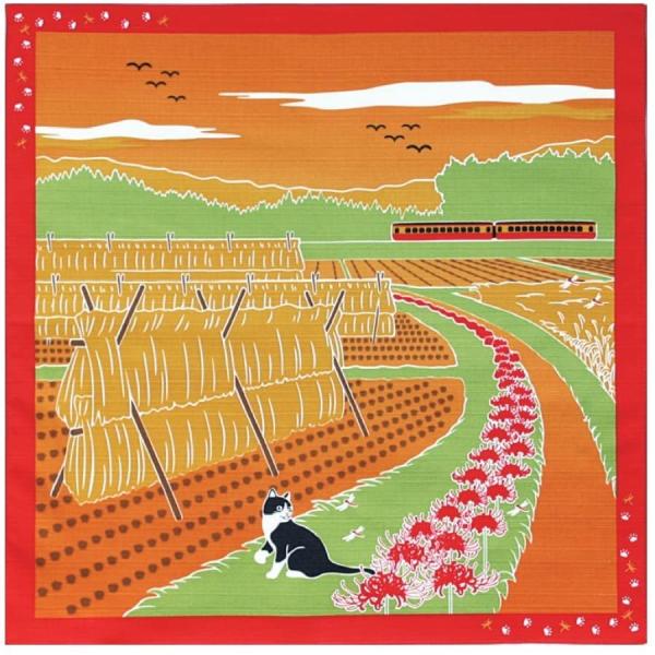 たまのお散歩 小風呂敷彼岸花 10月お昼寝とお散歩が大好きな猫のたま。四季折々の景色の中をのんびりお散歩中風呂敷生地としてスタンダードなシャンタン生地を、伝統ある型友禅の技法でプリントしています。綿100％タペストリーとしてだけでなく、スカ...