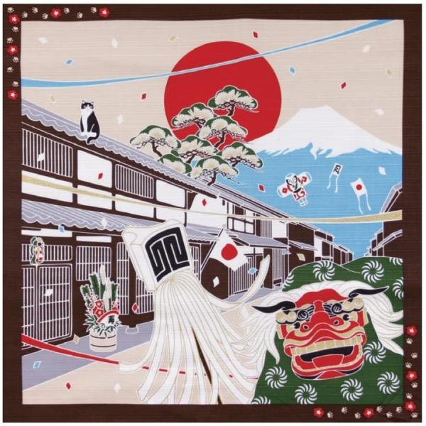 たまのお散歩 小風呂敷お正月お昼寝とお散歩が大好きな猫のたま。四季折々の景色の中をのんびりお散歩中風呂敷生地としてスタンダードなシャンタン生地を、伝統ある型友禅の技法でプリントしています。綿100％タペストリーとしてだけでなく、スカーフやミ...