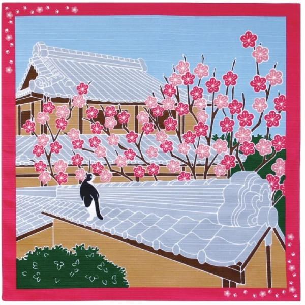 たまのお散歩 小風呂敷梅 2月お昼寝とお散歩が大好きな猫のたま。四季折々の景色の中をのんびりお散歩中風呂敷生地としてスタンダードなシャンタン生地を、伝統ある型友禅の技法でプリントしています。綿100％タペストリーとしてだけでなく、スカーフや...