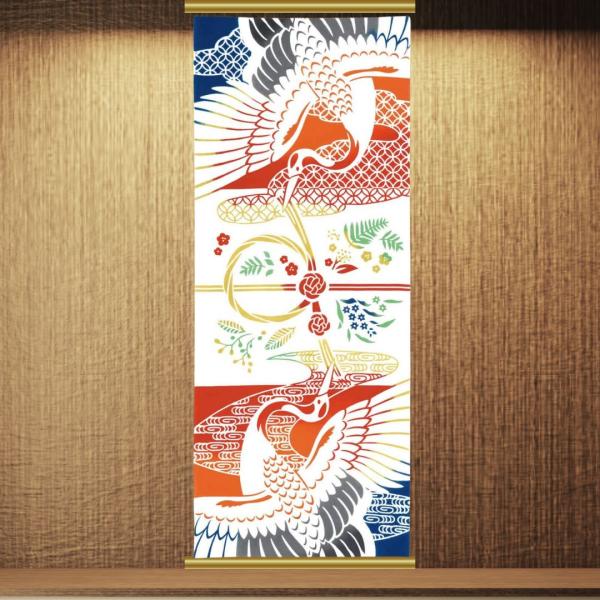 kenema縁起　吉祥鶴結び縁起の良い草花と、扇のように羽を広げる夫婦鶴。輪結びをして縁起を切らず、全て丸く収まりますように。手拭い本来の製法のため、切りっ放しで両端処理はされていません。裁断位置によって寸法が前後する場合がございます。使い...