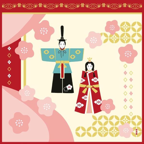 濱文様　小布 立ち雛と桃の花 小布サイズ：50x50cmタペストリーとして飾っても、小風呂敷としても、お弁当包みとしても利用できます（あすつくご希望の場合）必ず、宅配便をお選びください（送料がお選びいただけます）追跡番号付きポスト投函のメー...