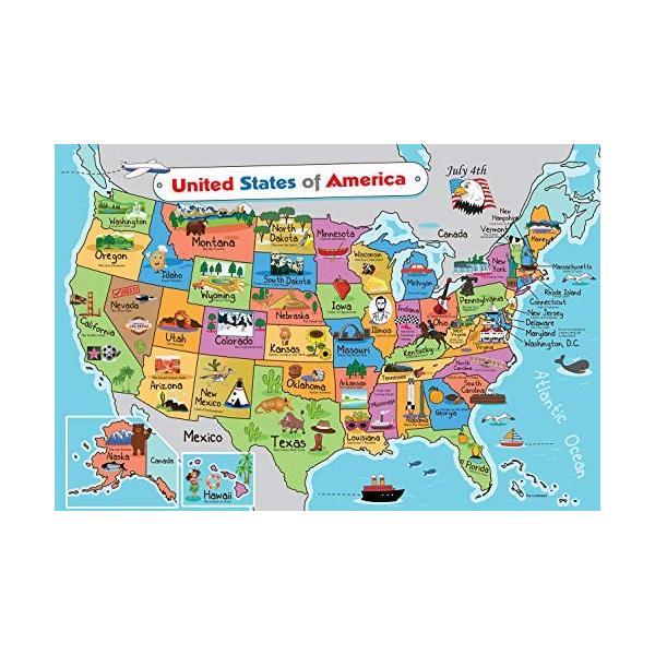 キッズ アメリカ合衆国地図 ウォールポスター 13 X 19 ラミネー プレミアム紙 格安 価格でご提供いたします 州スローガンと画像50枚 米国地図