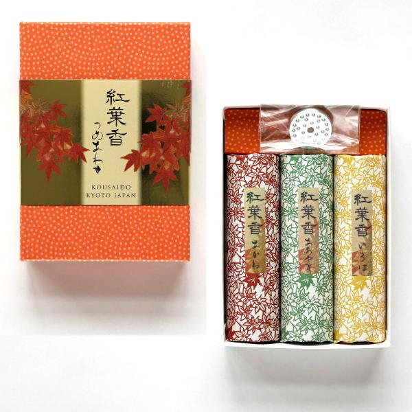香彩堂 線香 紅葉香 詰合わせ 3種15本入・アルミ香立付 TSU-07 お供え