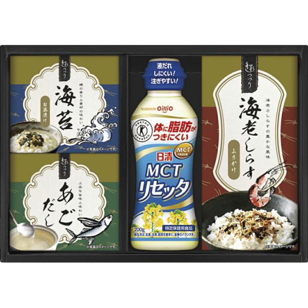 日清MCTリセッタと和風食品の詰合せ商品内容日清MCTリセッタ（200g）・あごだし（6g×2袋）・海苔茶漬け（5.5g×2袋）・海老しらすふりかけ（3g×3袋）×各1商品サイズ：19.5×27.4×4.3cm箱入り重量：約0.48kg賞味...