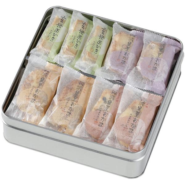 国産の青のりの風味が生きた玄米おかきと、丹波黒豆おかきの素焼き・サラダ味・醤油味の詰合せ。商品内容玄米おかき（2枚）×12、丹波黒豆（素焼き・サラダ味・醤油味）（各2枚）×各5商品サイズ：24×24×7.5cm箱入り重量：約0.9kg賞味期...