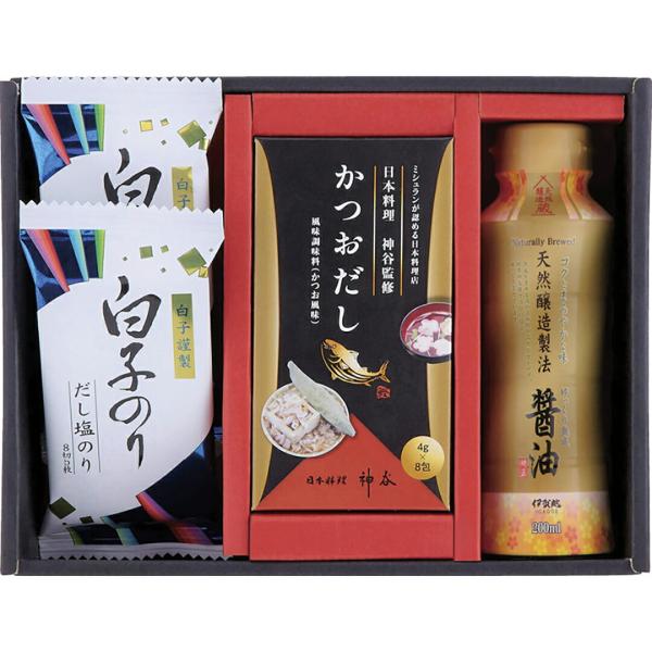 ミシュランが認める日本料理店　神谷の味をご家庭でもお楽しみください商品内容白子だし塩のり（8切5枚）×2、伊賀越天然醸造醤油（200ml）・日本料理神谷監修かつおだし（4g×8袋）×各1商品サイズ：19×24×7.5cm箱入り重量：約0.5...