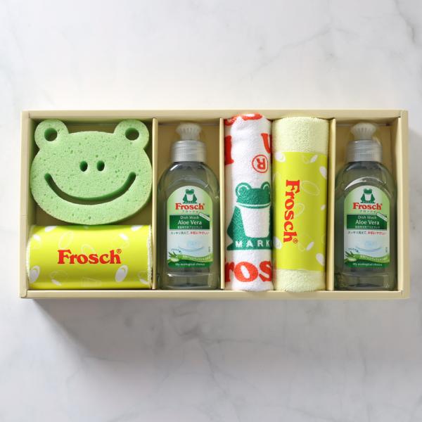 商品名：フロッシュ　キッチン洗剤　ギフトセット型　番：FRS-K25●商品内容：フロッシュミニ（アロエヴェラ）100ml×2、スポンジ×1、マイクロファイバークロス（25×25ｃｍ）×3●材質：綿100％、マイクロファイバークロス／ポリエス...