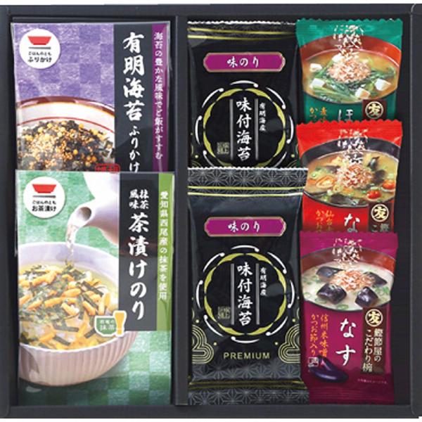 お手軽に和膳をお楽しみいただけるようお茶漬けや味噌汁などをバラエティに詰め合わせました。商品内容●抹茶入のり茶漬け（５．６┣ｇ┫×２）×１、有明海苔ふりかけ（４┣ｇ┫×２）×１、フリーズドライ即席味噌汁（なす７．４┣ｇ┫・なめこ５．９┣ｇ┫...