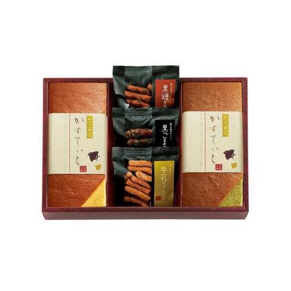 ※注意※ 2024年7月1日中のご注文より紙袋が有料になります。ご利用のお客様につきましては別ページにてご購入お願いいたします。内容量：和三盆糖入かすてぃら（プレーン・抹茶）各1本・かりんとう（黒糖・黒胡麻・牛乳）各15g  【卵・乳成分・...