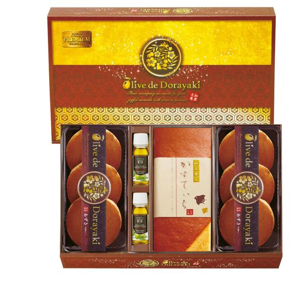 ※注意※ 2024年7月1日中のご注文より紙袋が有料になります。ご利用のお客様につきましては別ページにてご購入お願いいたします。内容量：どら焼き（あずき）×6・和三盆糖入かすてぃら（プレーン）1本・オリーブオイル18g×2  【卵・小麦】箱...