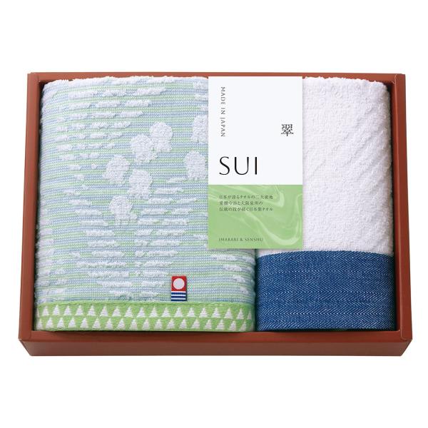 伝統の技が紡ぐ日本製タオル。爽やかで清々しいカラーで仕立てた、日本の二大タオル産地の今治と泉州のタオルを詰合せました。商品内容フェイスタオル×1、ハンドタオル×1商品サイズ：箱190×260×40cm重量：約240g材質：綿100%